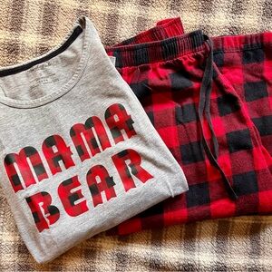 Mama Bear Pajamas Set - Gray and Red Plaid